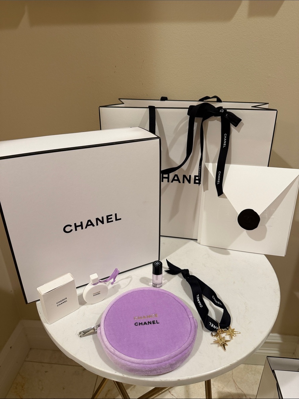 CHANEL Lilac Velvet Round Cosmetic Pouch And Accessories
